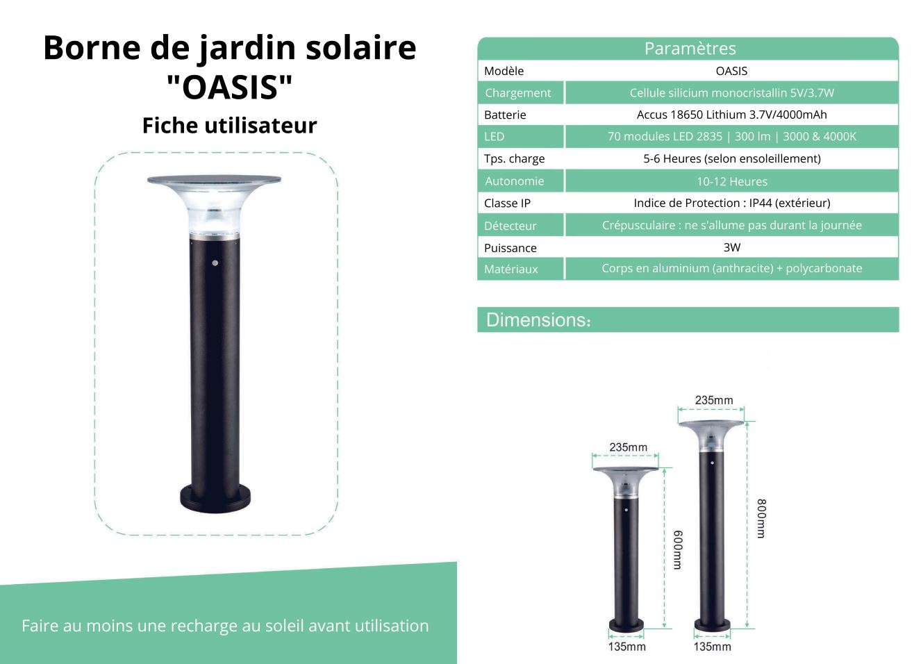 Borne solaire LED 3W